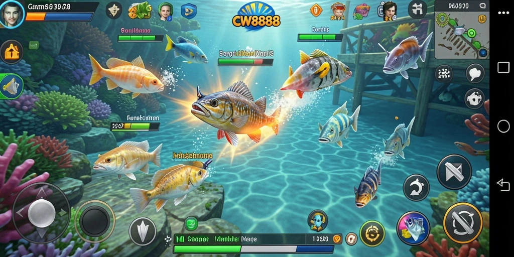 Tampilan gameplay menembak ikan yang seru dan penuh warna.