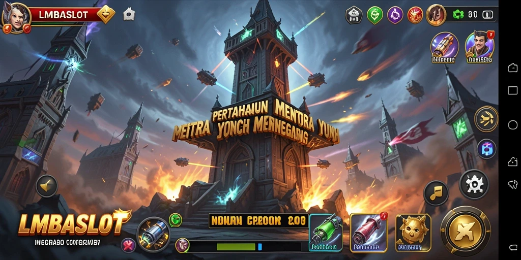Tangkapan layar menunjukkan aksi menegangkan dalam LMBASLOT, dengan menara bertempur melawan gelombang musuh.