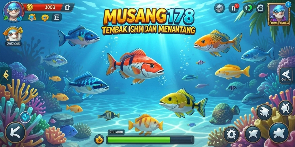 Tampilan gameplay dinamis dari MUSANG178 saat menembak ikan.