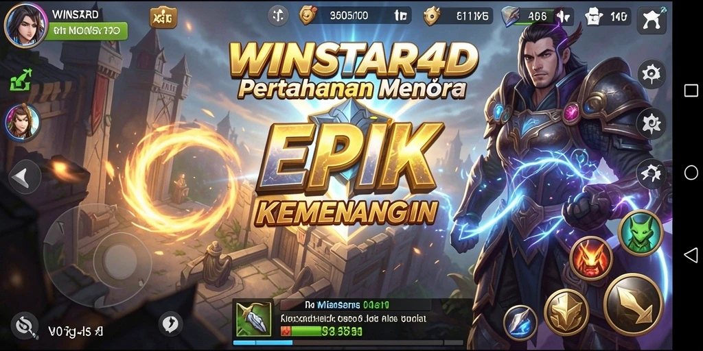 Screenshot gameplay WINSTAR4D menampilkan pertarungan menara yang mendebarkan.